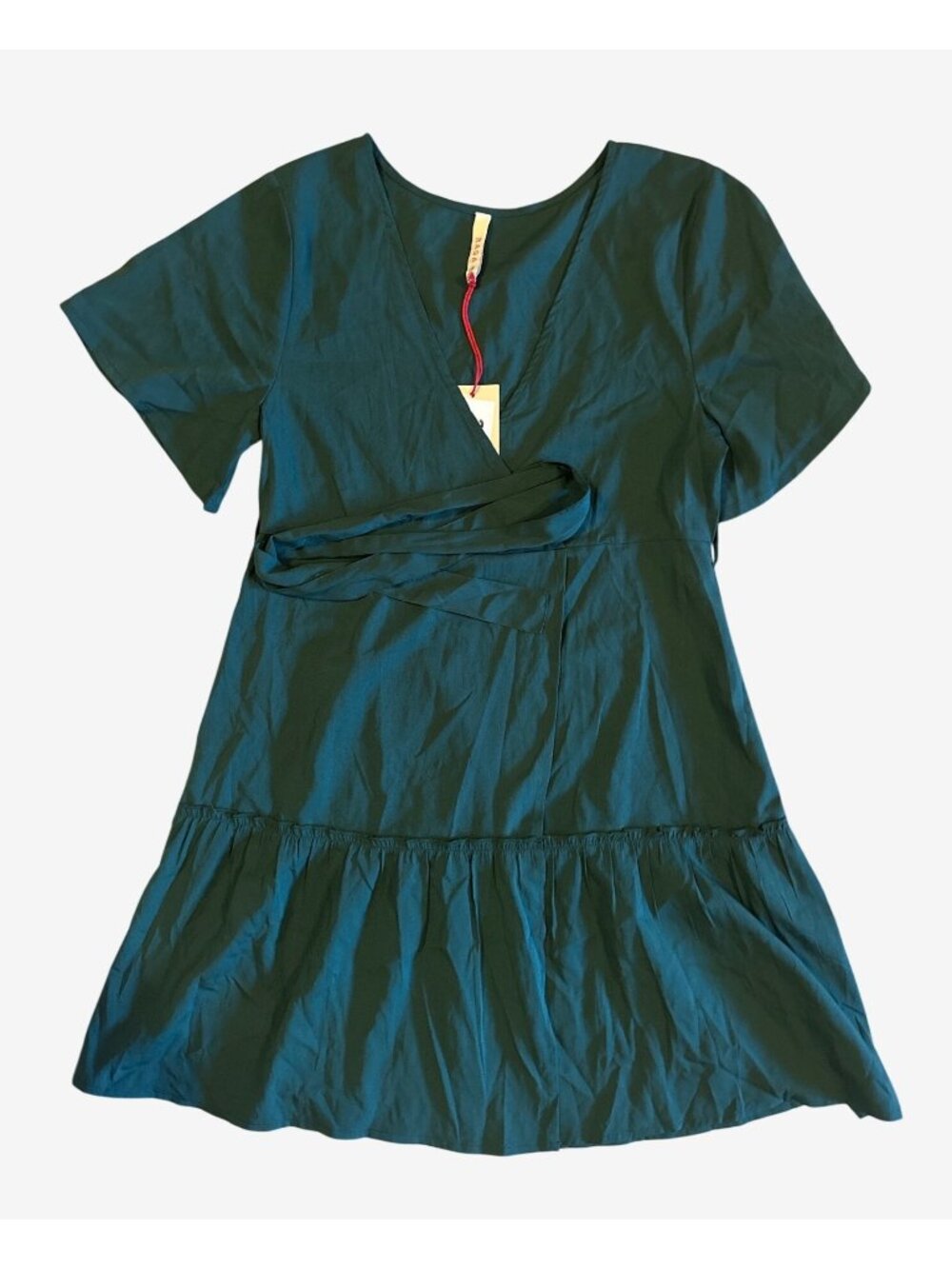 Raga Green Short-Sleeve Wrap Dress Ruffle Hem Lightweight Fabric Size M NWT